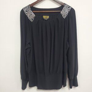 Bob Mackie Womens Bishop Sleeve Sequin Top Size 2X Black Artsy Eclectic Stretch